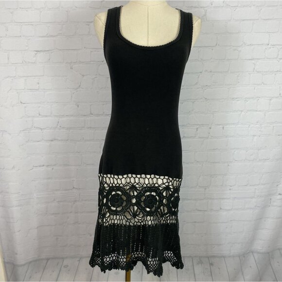 ⭐ 3/$15 Vintage Y2K Moda International XS Cotton Black Crochet Boho Midi Dress - Picture 1 of 10